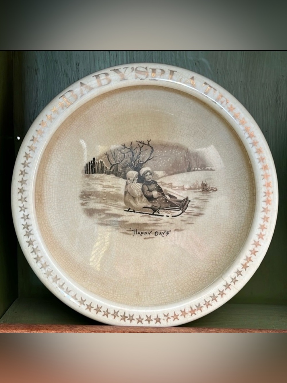 Antique Harper Pottery Co. “Happy Days” Baby Plate – Sledding Scene